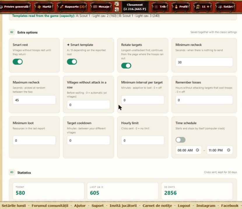 Extra options: smart rest, smart template, rotate targets, time schedule