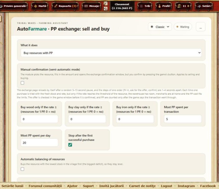 PP exchange: buying with thresholds, caps, balancing and manual confirmation