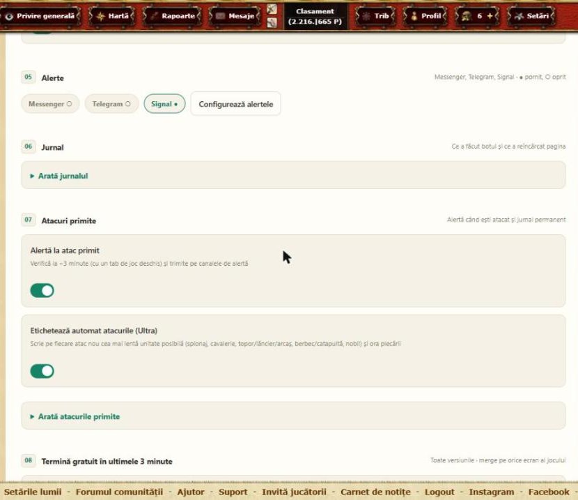 Alerte Messenger, Telegram, Signal și secțiunea Atacuri primite